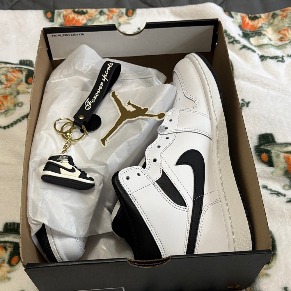 Jordan Men's White and Black High-Top Sneakers, keychains while supplies last - Picture 6 of 6
